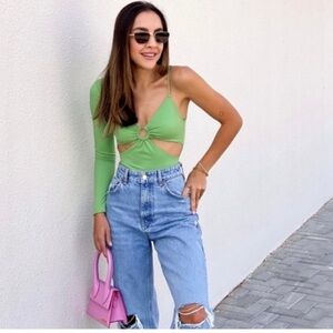Zara Cut Out Asymmetric Green Circle Ring Low Cut One Shoulder Bodysuit Green